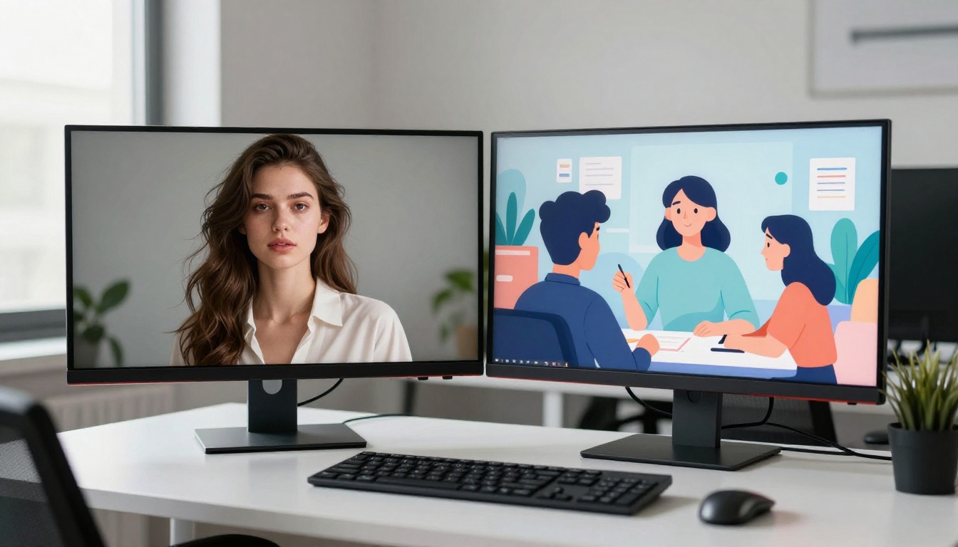 Two large monitors side by side in an office showing AI image generation interfaces with colorful concept art