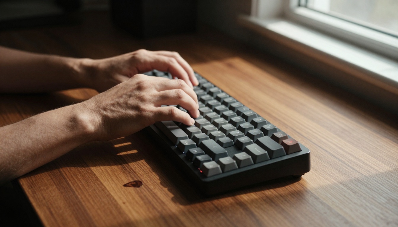 A creative professional's hands mid-motion on a mechanical keyboard with warm afternoon sunlight casting diagonal shadows A creative professional's hands mid-motion on a mechanical keyboard with warm afternoon sunlight casting diagonal shadows