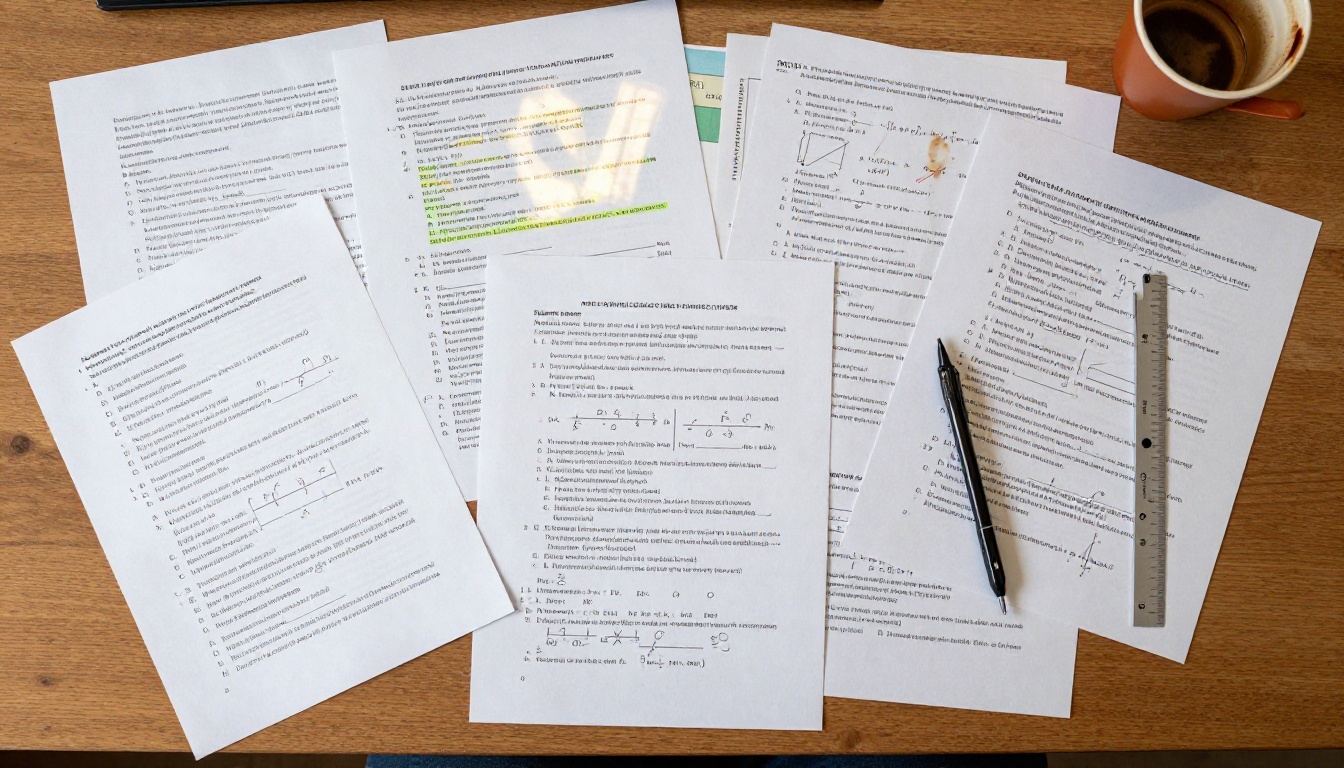 Aerial view of a desk covered in research papers with mathematical equations, red pen corrections, and a coffee cup