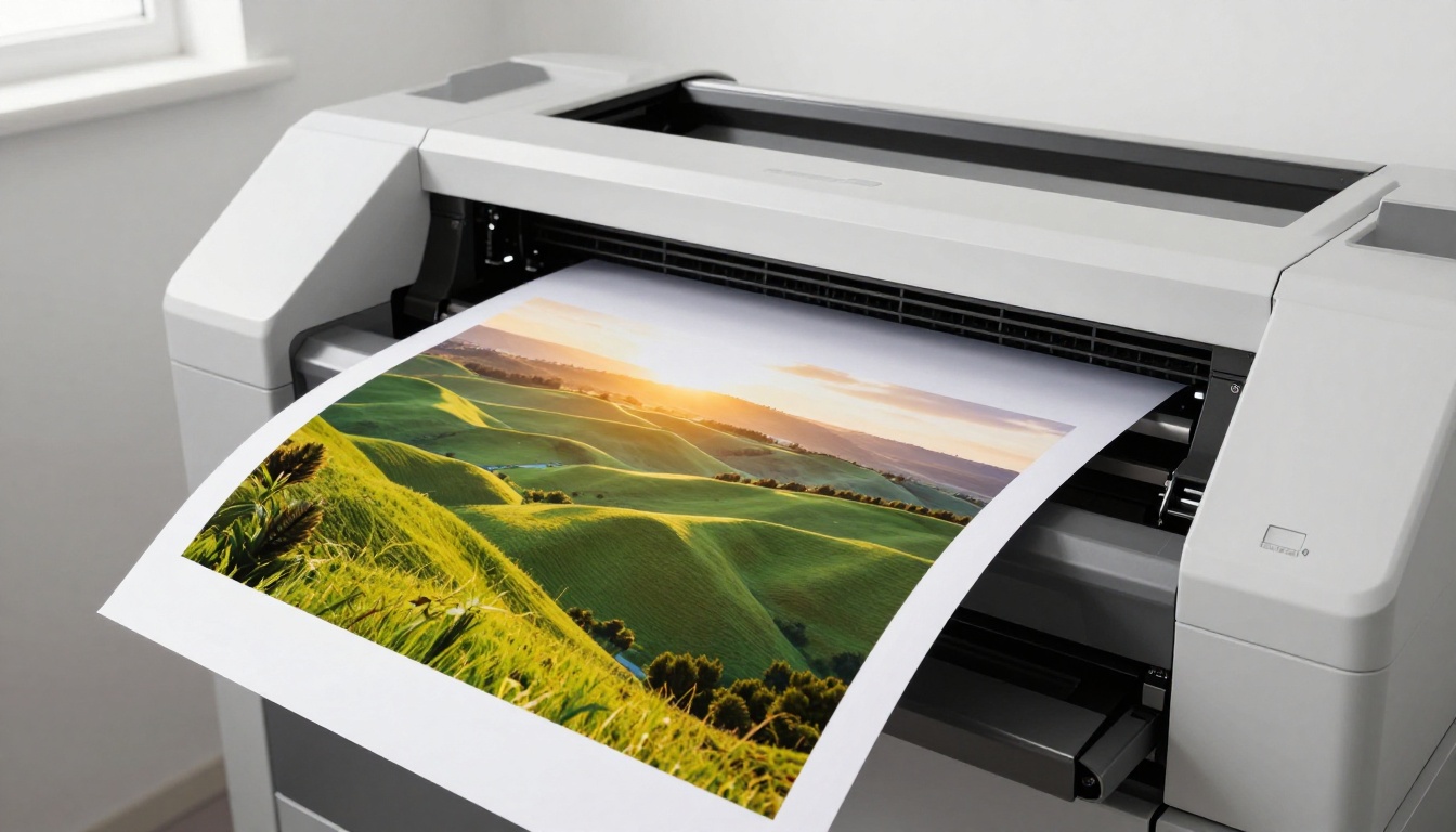 A large-format professional photo printer producing a stunning high-quality commercial print in a bright studio