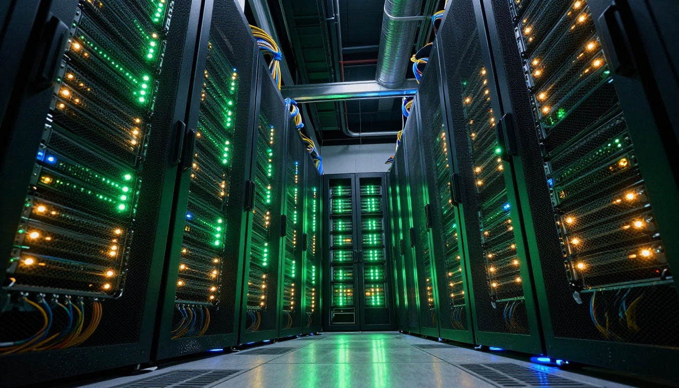Low-angle shot of server racks in a professional data center with blinking LED indicators and bundled fiber optic cables