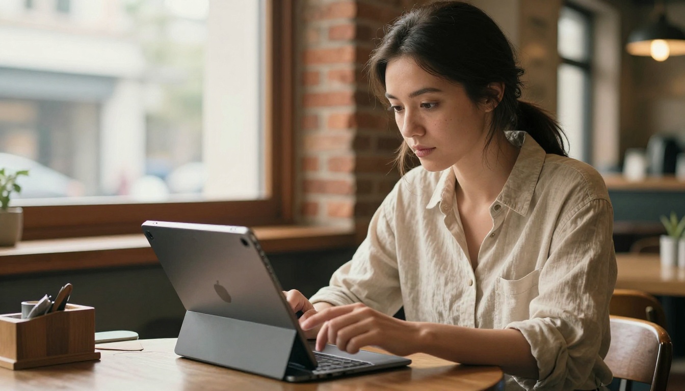 A creative professional woman reviews digital artwork on a tablet in a bright sunlit cafe