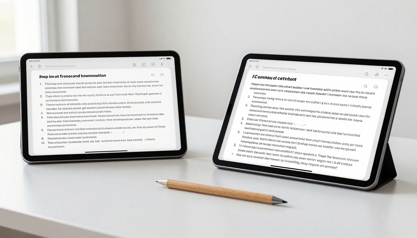 Two tablets propped side by side on a clean white desk, each displaying different AI model responses for direct comparison Two tablets propped side by side on a clean white desk, each displaying different AI model responses for direct comparison