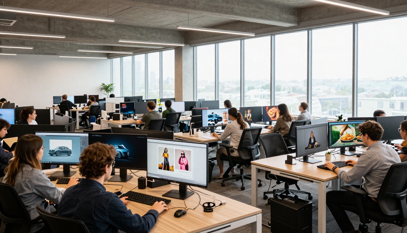 A bright modern advertising agency open office with creative professionals working on large campaigns