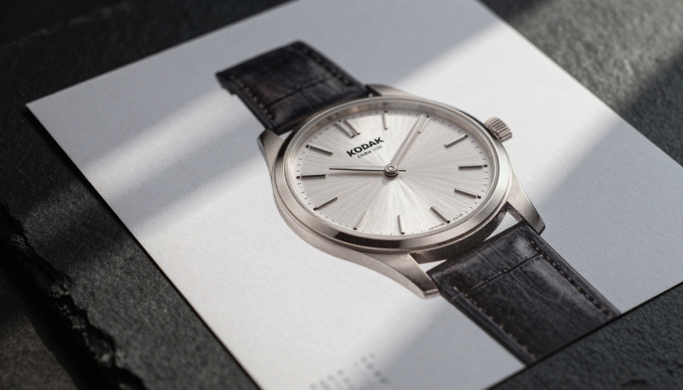 A luxury wristwatch advertisement printed on heavyweight matte paper with dramatic natural side lighting A luxury wristwatch advertisement printed on heavyweight matte paper with dramatic natural side lighting