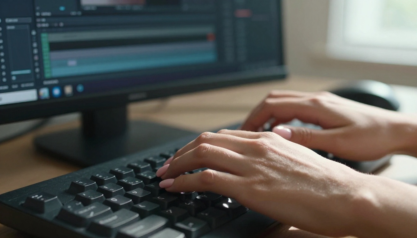 Woman at sleek workstation with 4K video editing timeline on monitors Woman at sleek workstation with 4K video editing timeline on monitors