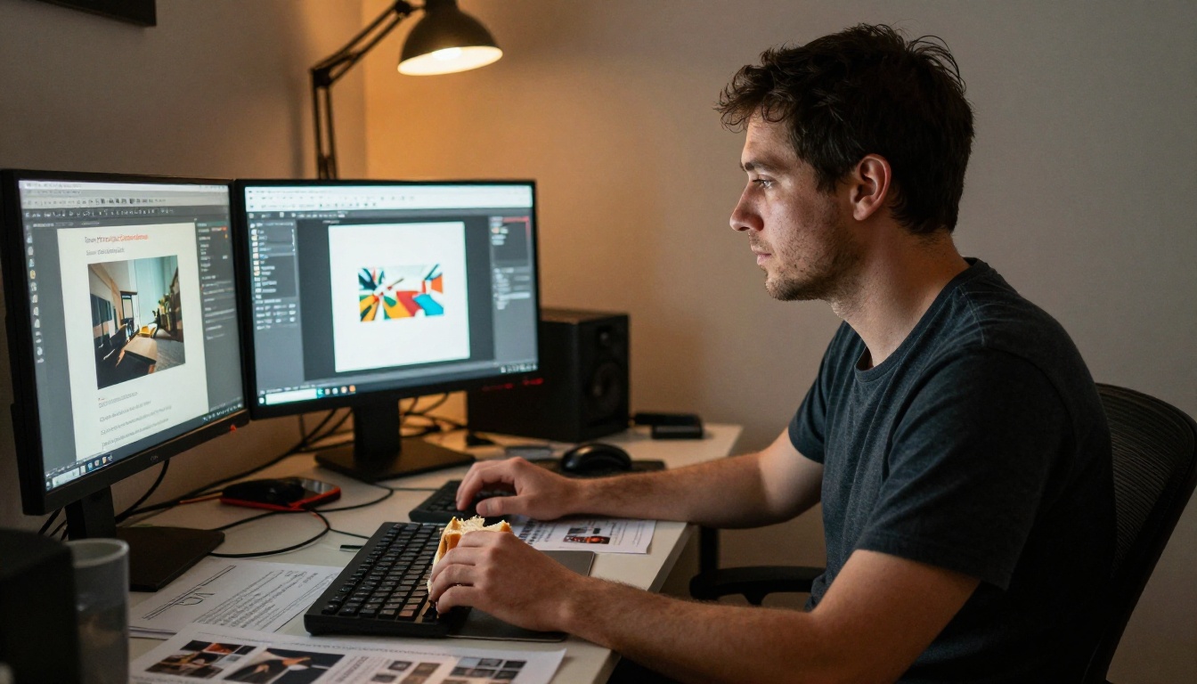 A freelance designer working late at a dual-monitor setup with an image generation interface open A freelance designer working late at a dual-monitor setup with an image generation interface open