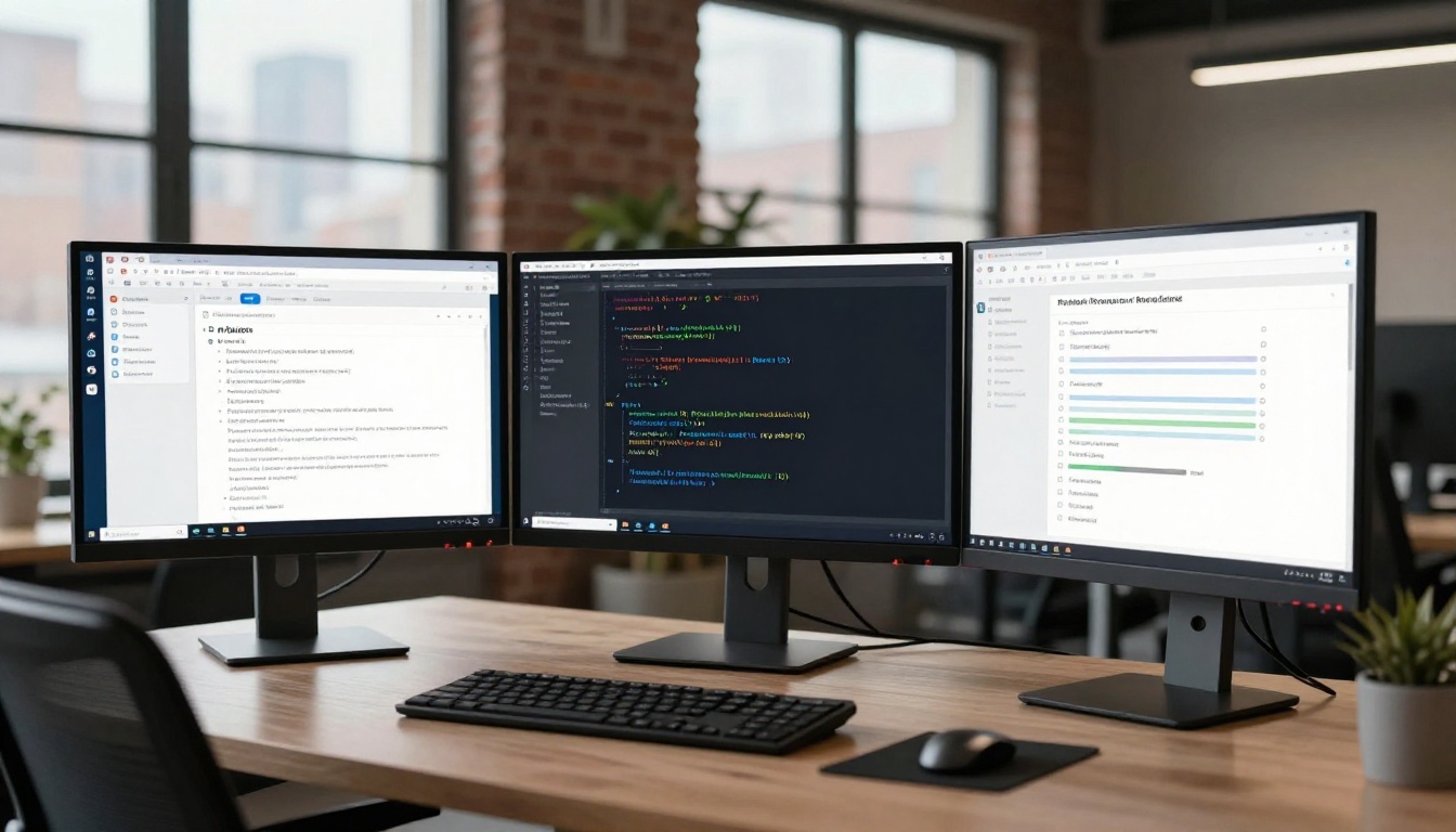 Three-monitor workstation in a co-working space showing an agentic AI completing different tasks across each screen Three-monitor workstation in a co-working space showing an agentic AI completing different tasks across each screen