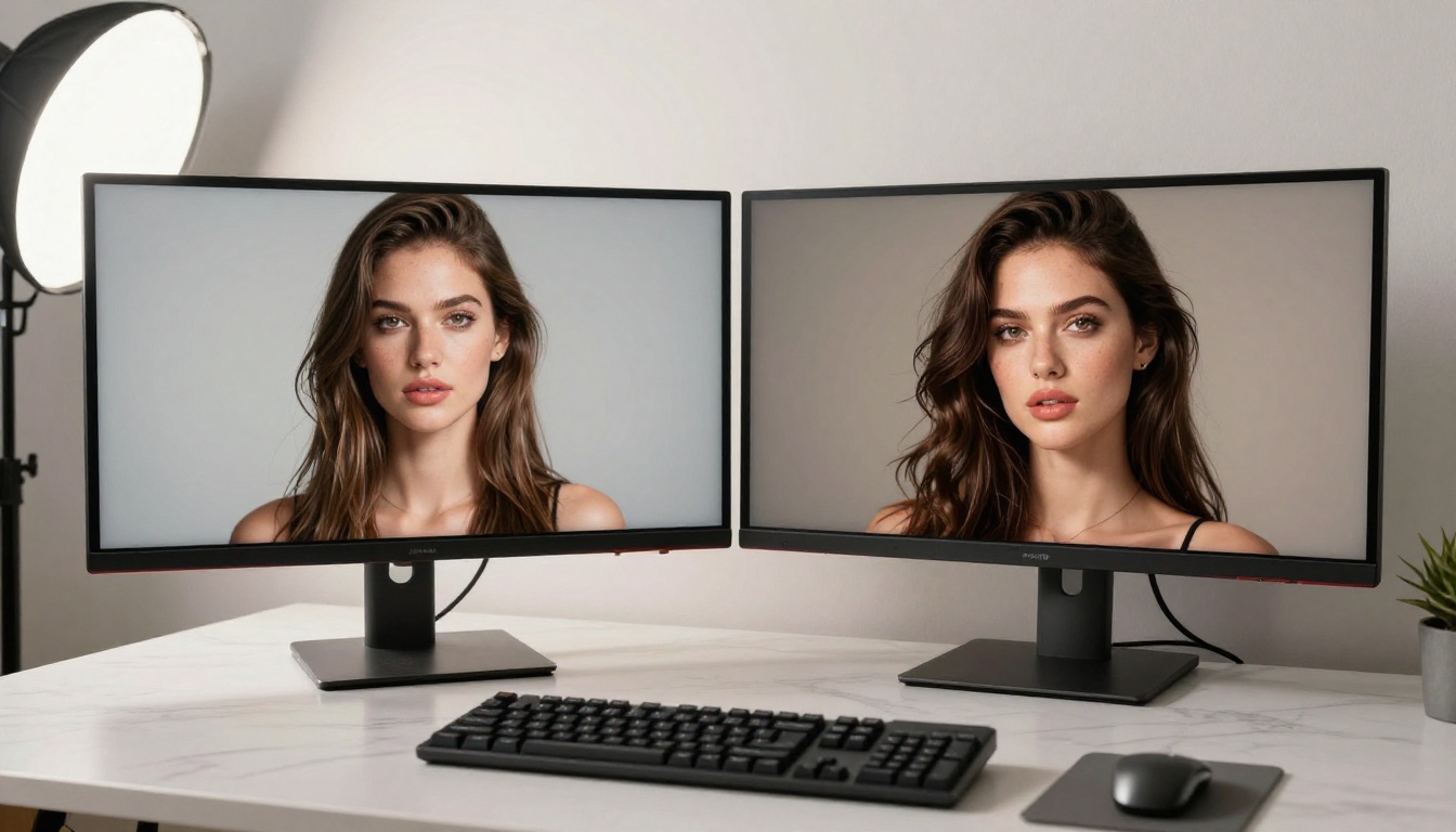Dual monitors displaying AI-generated glamour portraits side by side Dual monitors displaying AI-generated glamour portraits side by side