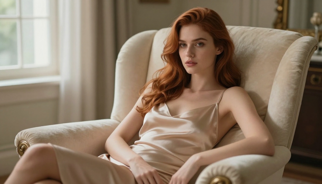 Beautiful auburn-haired woman in champagne silk dress in editorial lighting Beautiful auburn-haired woman in champagne silk dress in editorial lighting