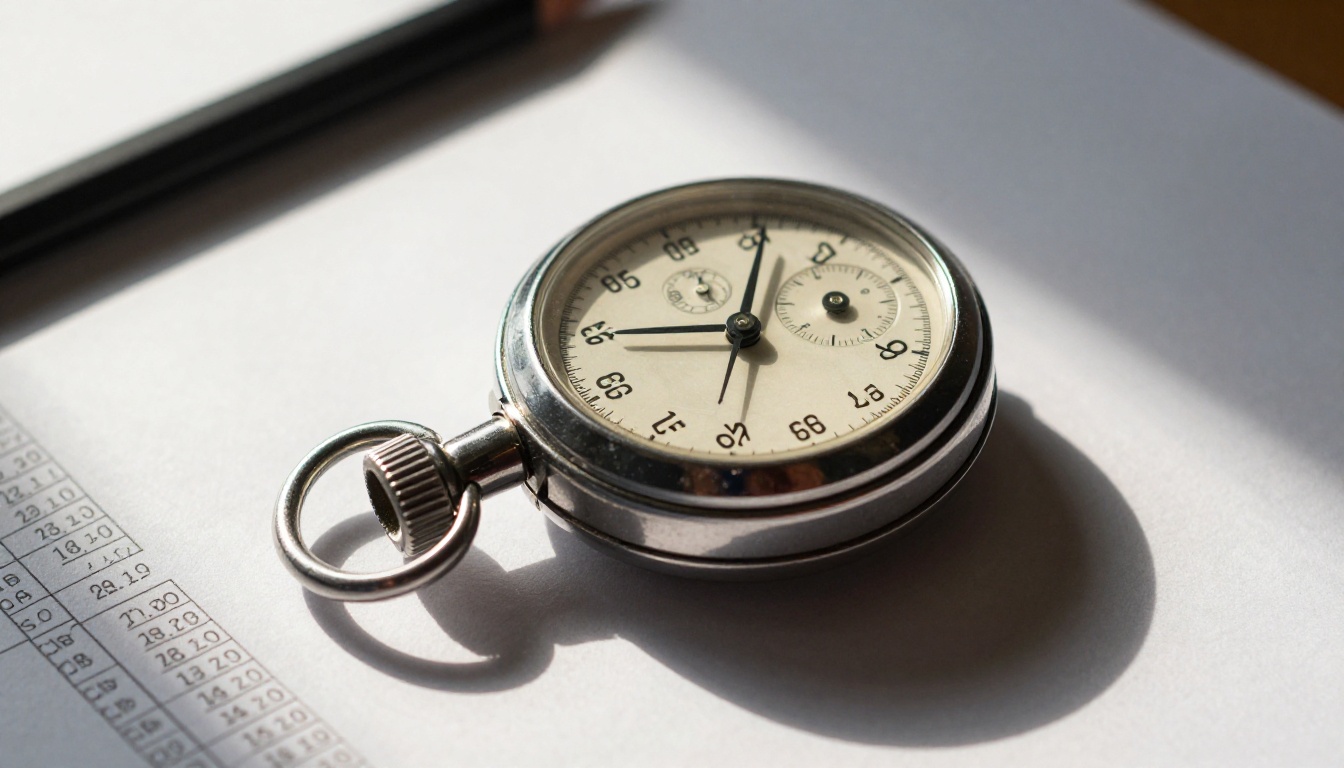 Close-up of a vintage mechanical stopwatch resting on an AI research paper showing performance metrics and data tables Close-up of a vintage mechanical stopwatch resting on an AI research paper showing performance metrics and data tables