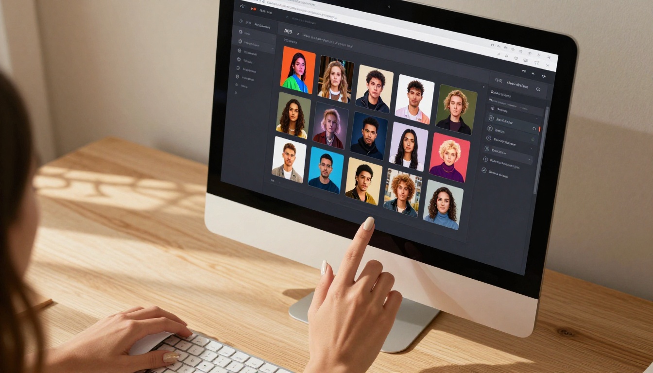 Aerial view of iMac showing PicassoIA model selection interface with woman's hand on mouse