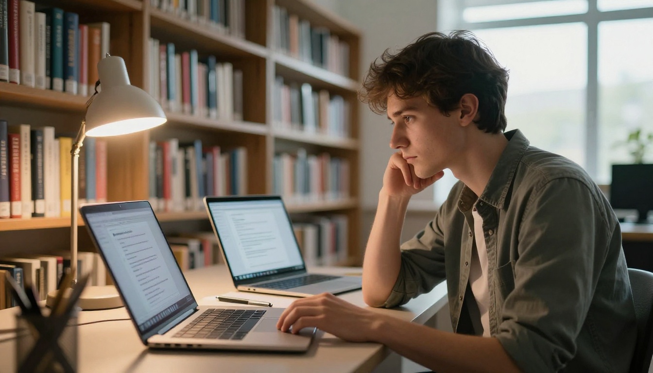 Thoughtful researcher sitting in a library comparing two laptops with AI chat interfaces open on each screen Thoughtful researcher sitting in a library comparing two laptops with AI chat interfaces open on each screen