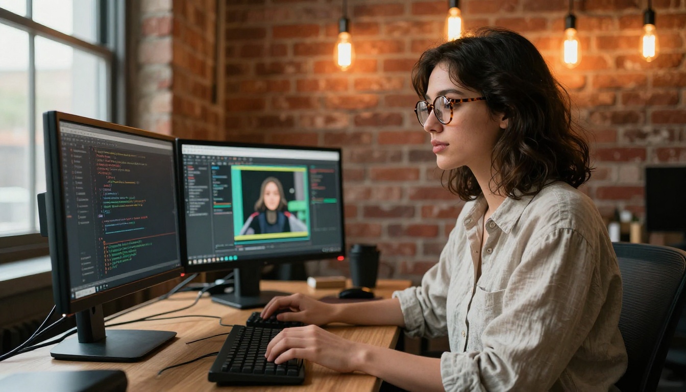 Tech workspace woman with glasses at standing desk with dual AI monitors Tech workspace woman with glasses at standing desk with dual AI monitors