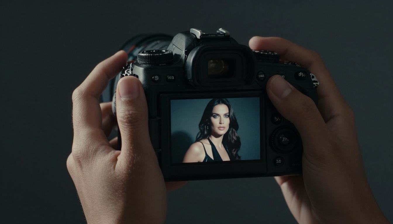 Elegant hands holding DSLR camera showing glamour portrait on LCD screen