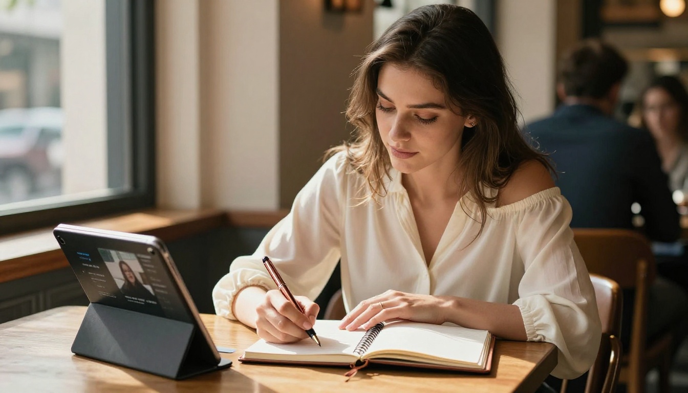 Woman writing in leather journal at cafe with tablet showing AI video results beside her