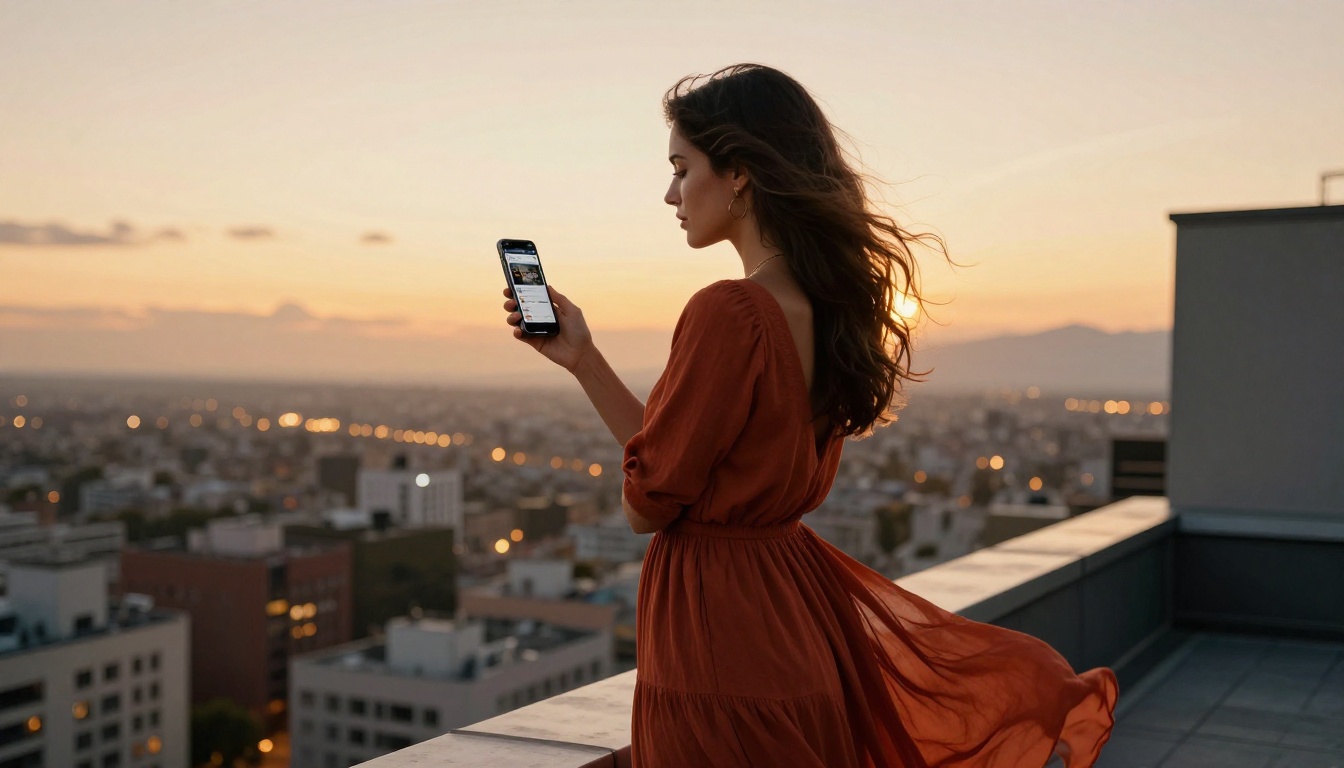 Radiant woman in rust dress on rooftop balcony at sunset holding smartphone showing PicassoIA