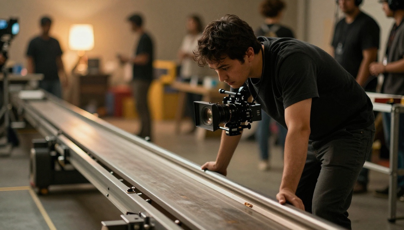 Professional film camera operator on dolly track during shoot