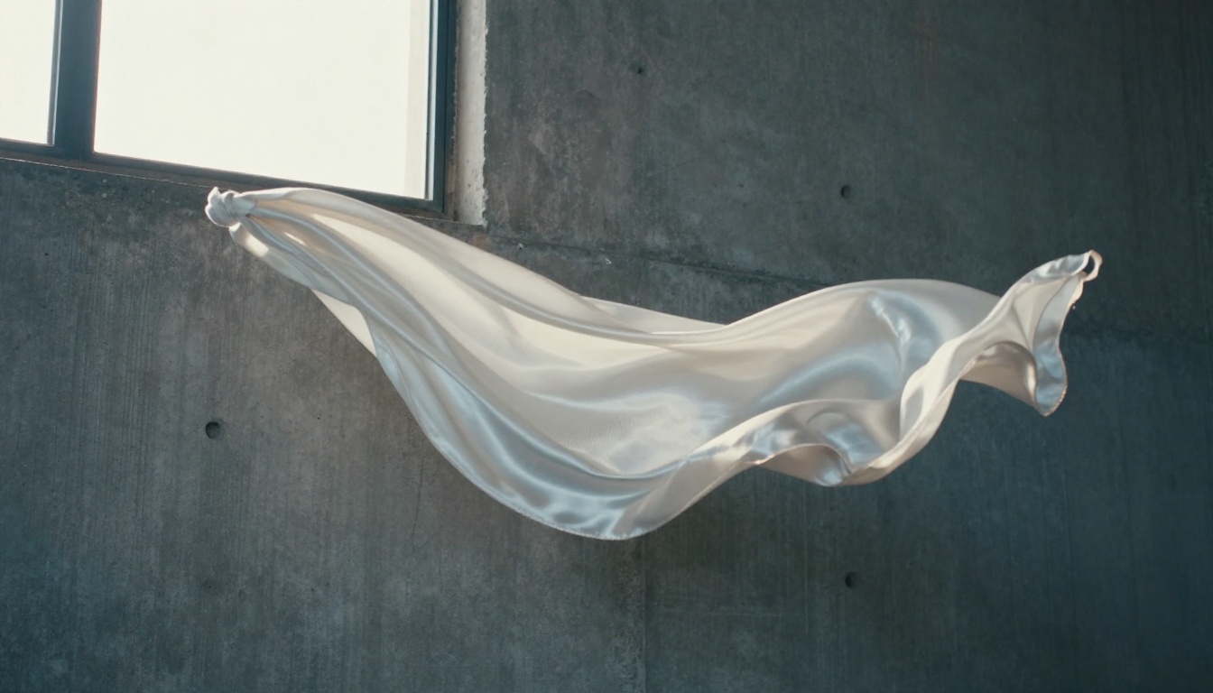 Flowing white silk scarf suspended mid-air showing fabric physics Flowing white silk scarf suspended mid-air showing fabric physics