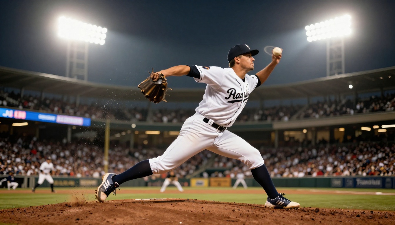 Baseball pitcher at moment of ball release showing slow motion motion blur Baseball pitcher at moment of ball release showing slow motion motion blur