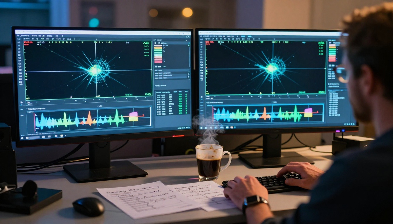 Cinematographer reviewing physics test footage at professional grading workstation Cinematographer reviewing physics test footage at professional grading workstation