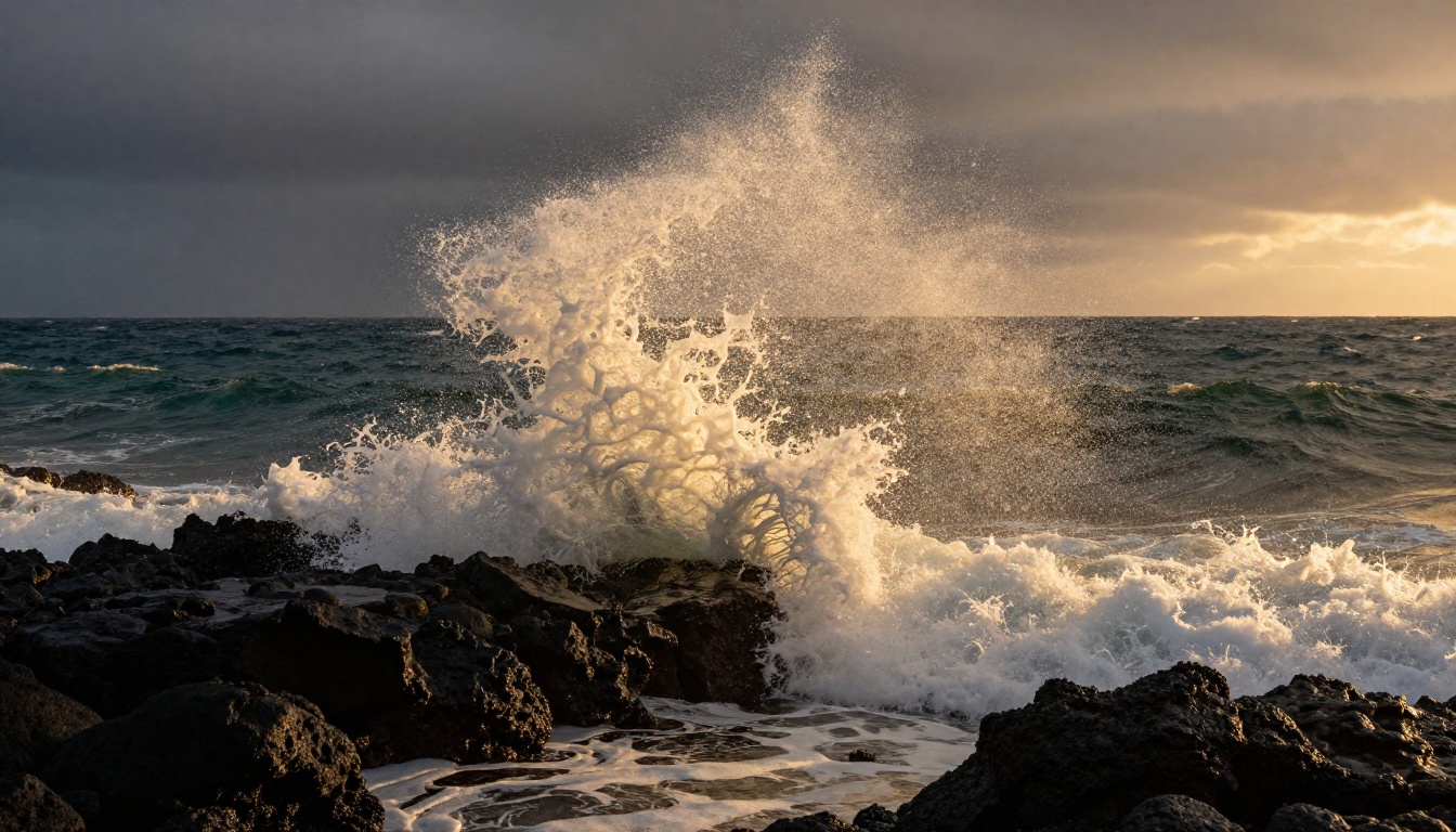 Ocean wave crashing on volcanic rock shoreline with complex foam and spray physics Ocean wave crashing on volcanic rock shoreline with complex foam and spray physics