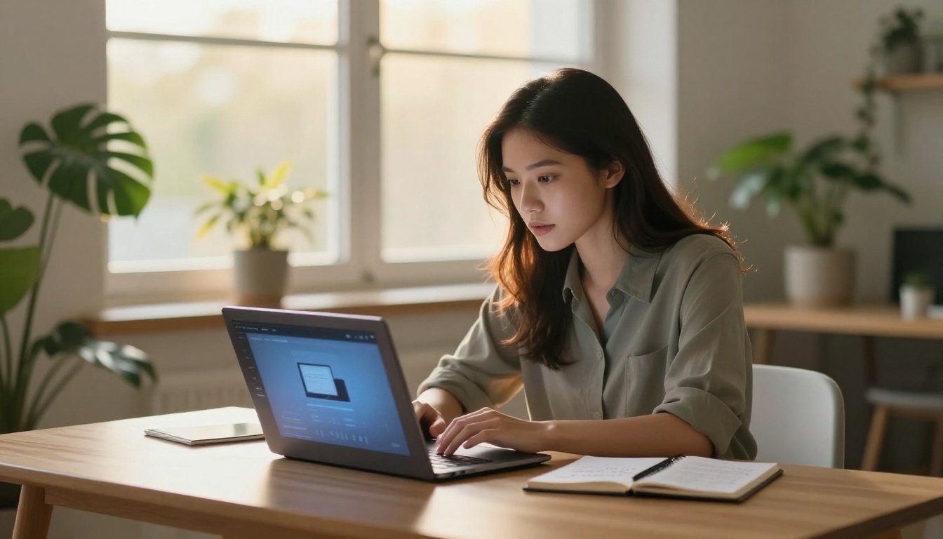 Young woman using AI video generation platform on laptop with warm afternoon light Young woman using AI video generation platform on laptop with warm afternoon light