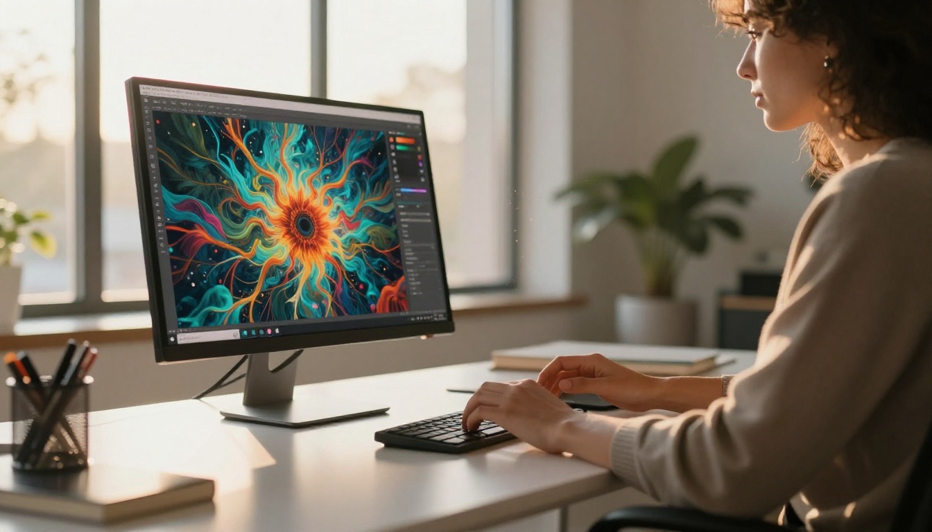 Creative professional working with AI tools on a modern workstation