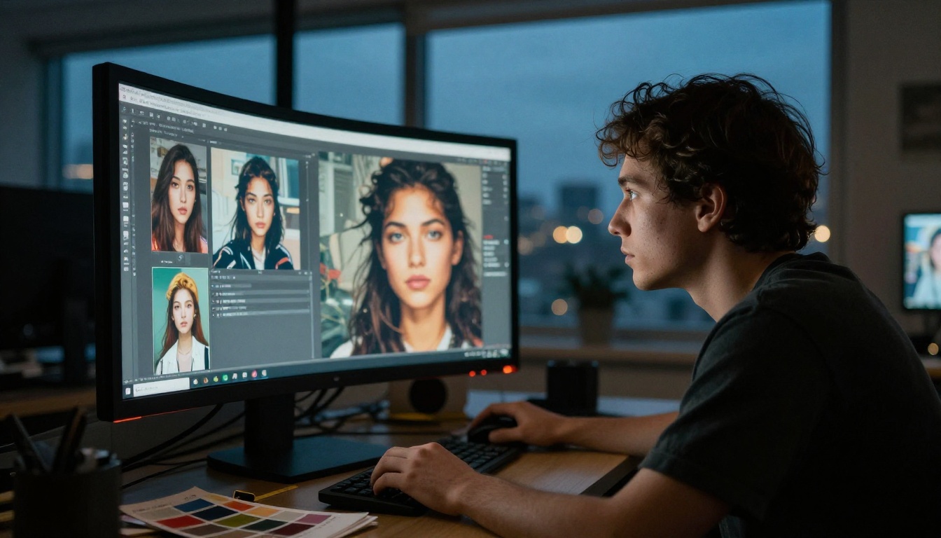 Designer reviewing AI-generated content on curved monitor with city lights in background