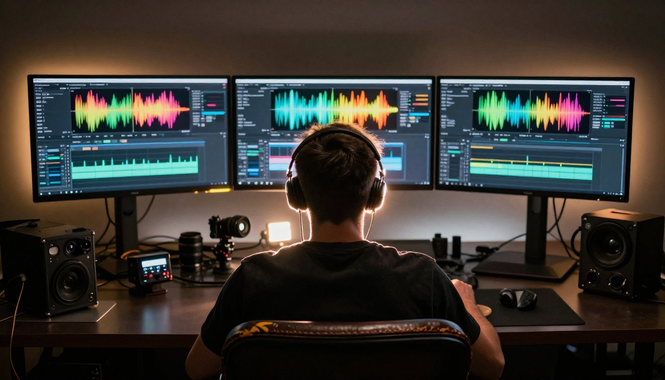 Freelance videographer working in a dark editing suite with multiple monitors