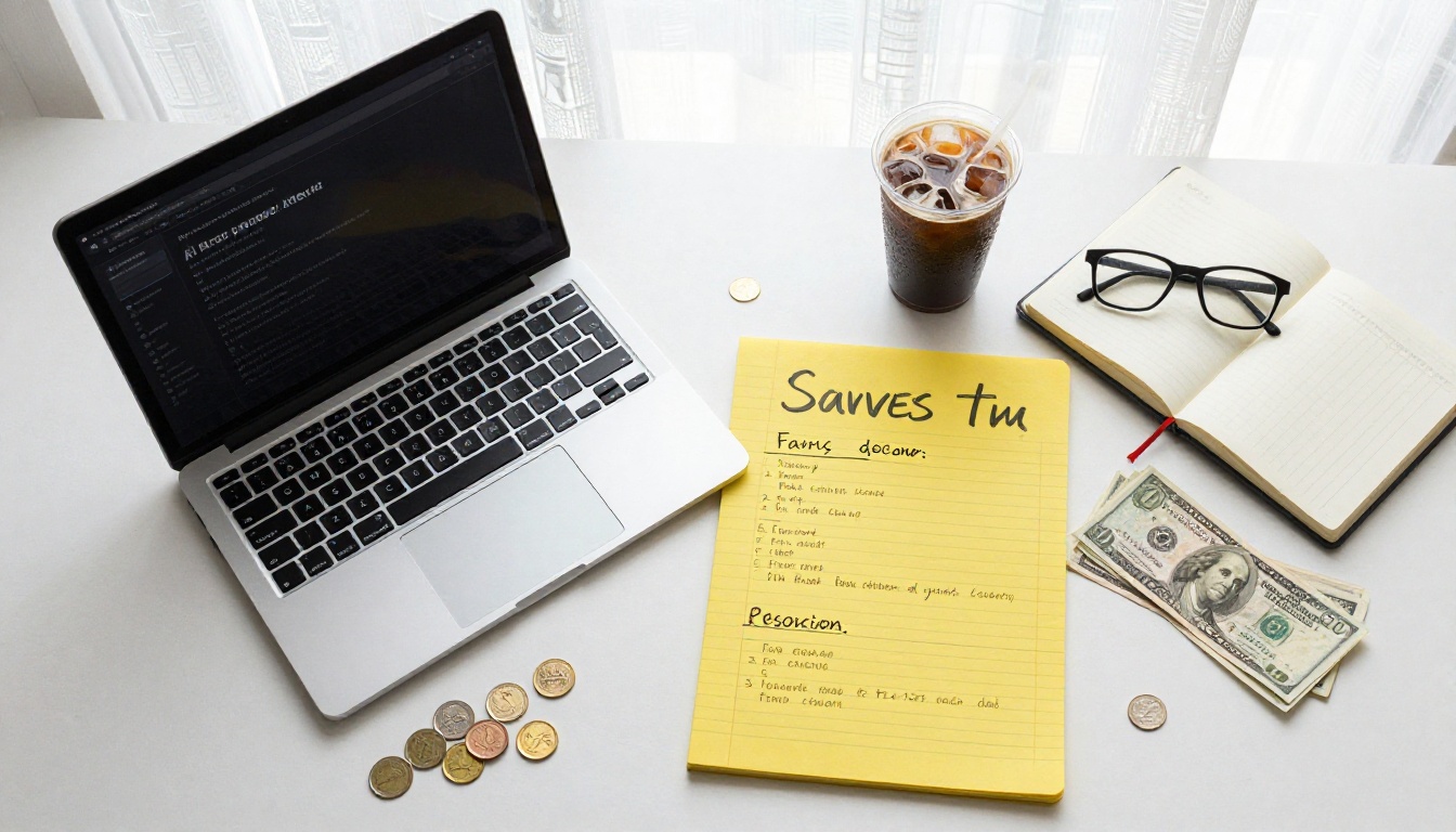 Startup founder reviewing AI writing interface with financial notes on desk