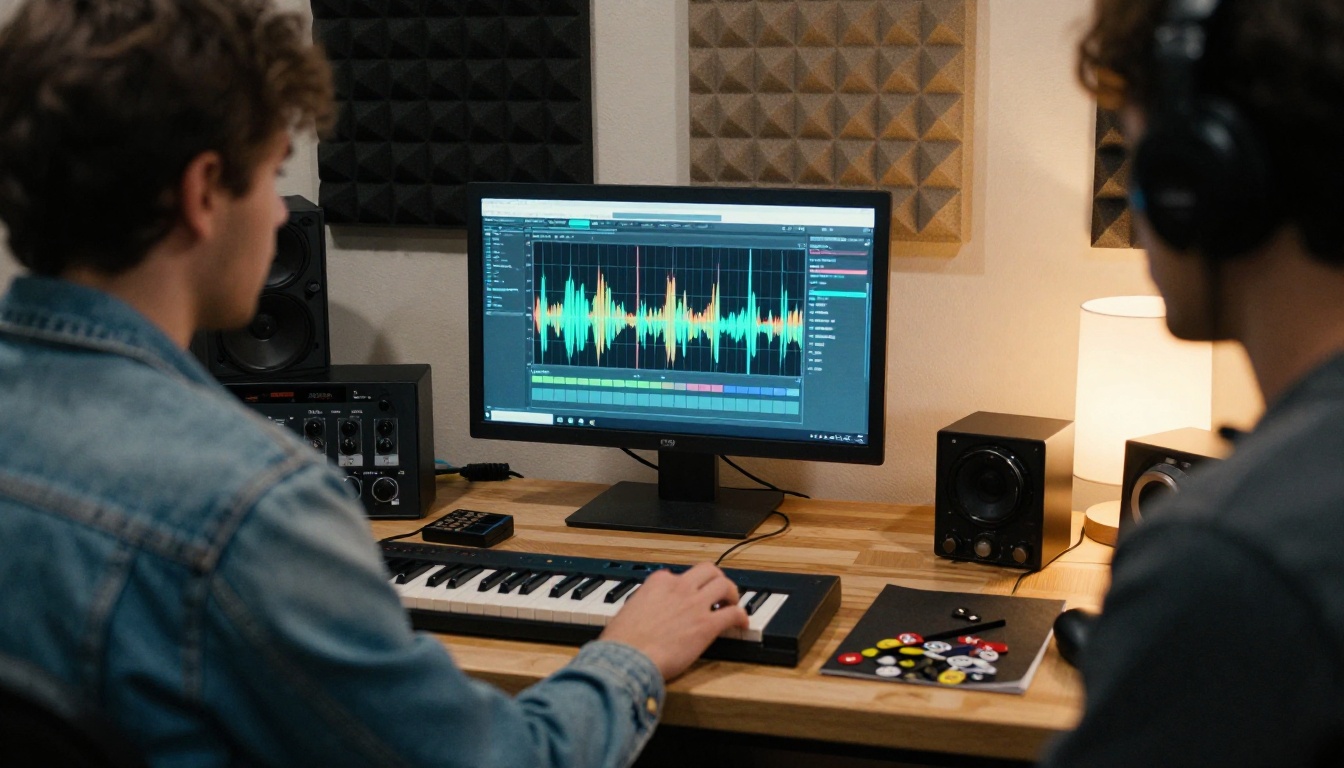 Music producer at home studio workstation with AI music generation interface
