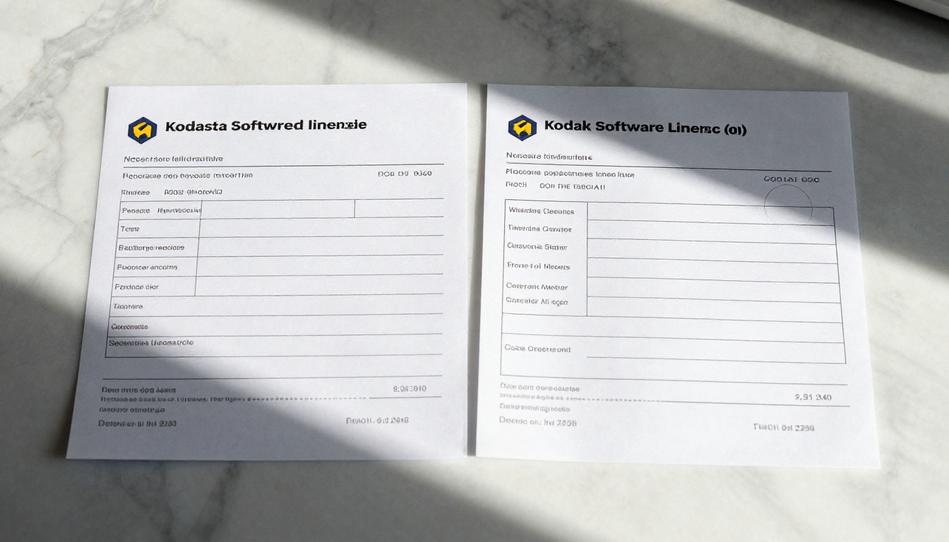 Flat-lay overhead showing cost comparison between traditional software receipts