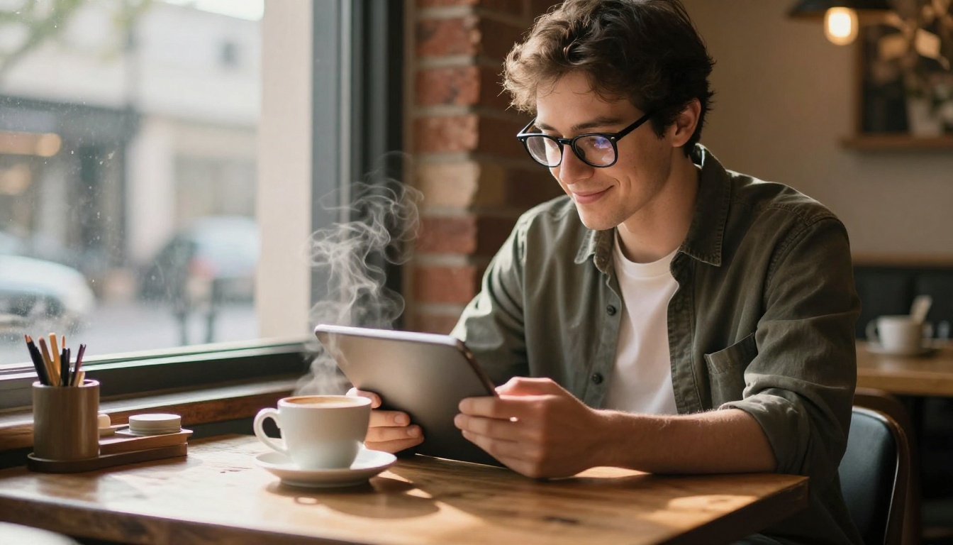 Small business owner reviewing AI-generated audio content on tablet in cafe