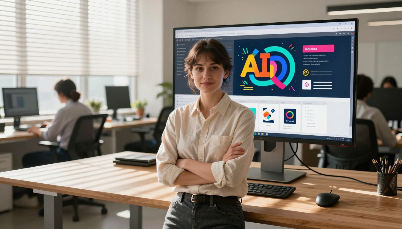 Graphic designer at standing desk in open office with AI-generated brand identity on monitor
