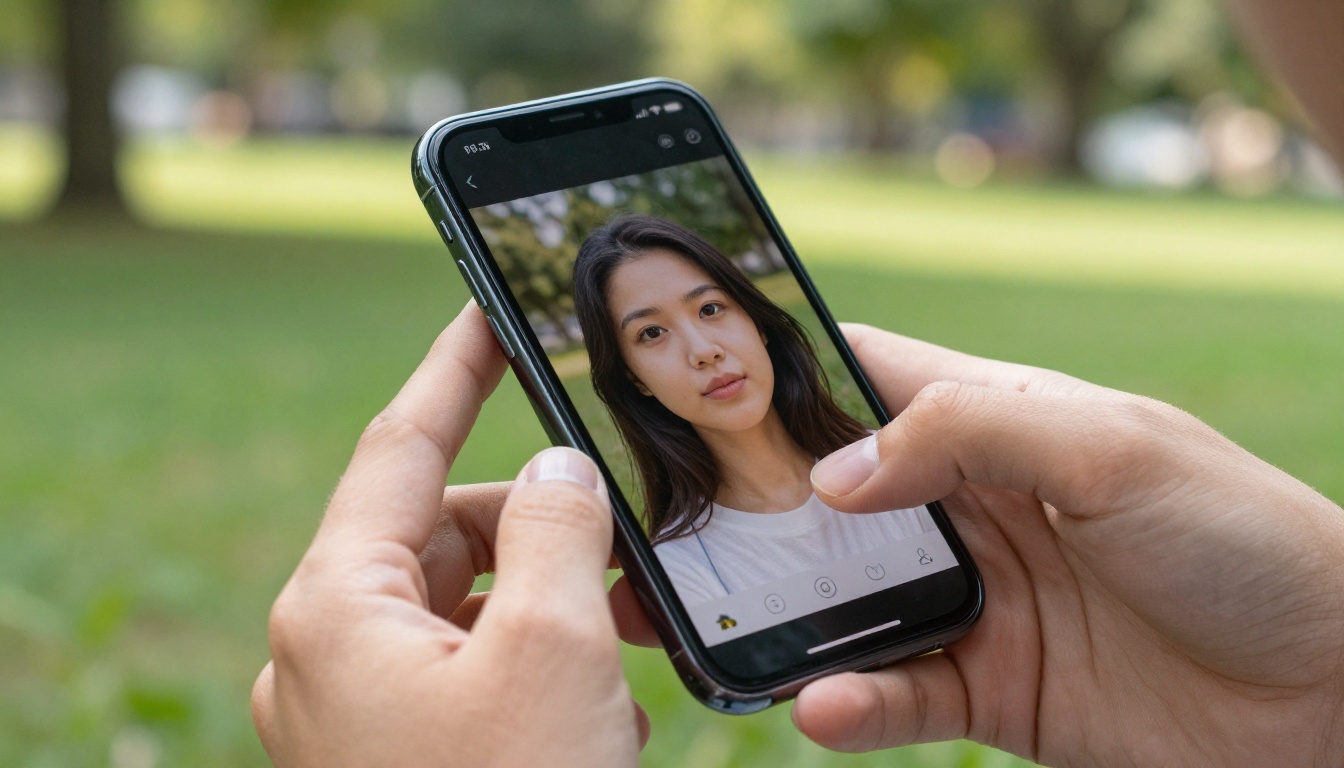 Hands holding smartphone with AI image generation interface in sunlit park setting