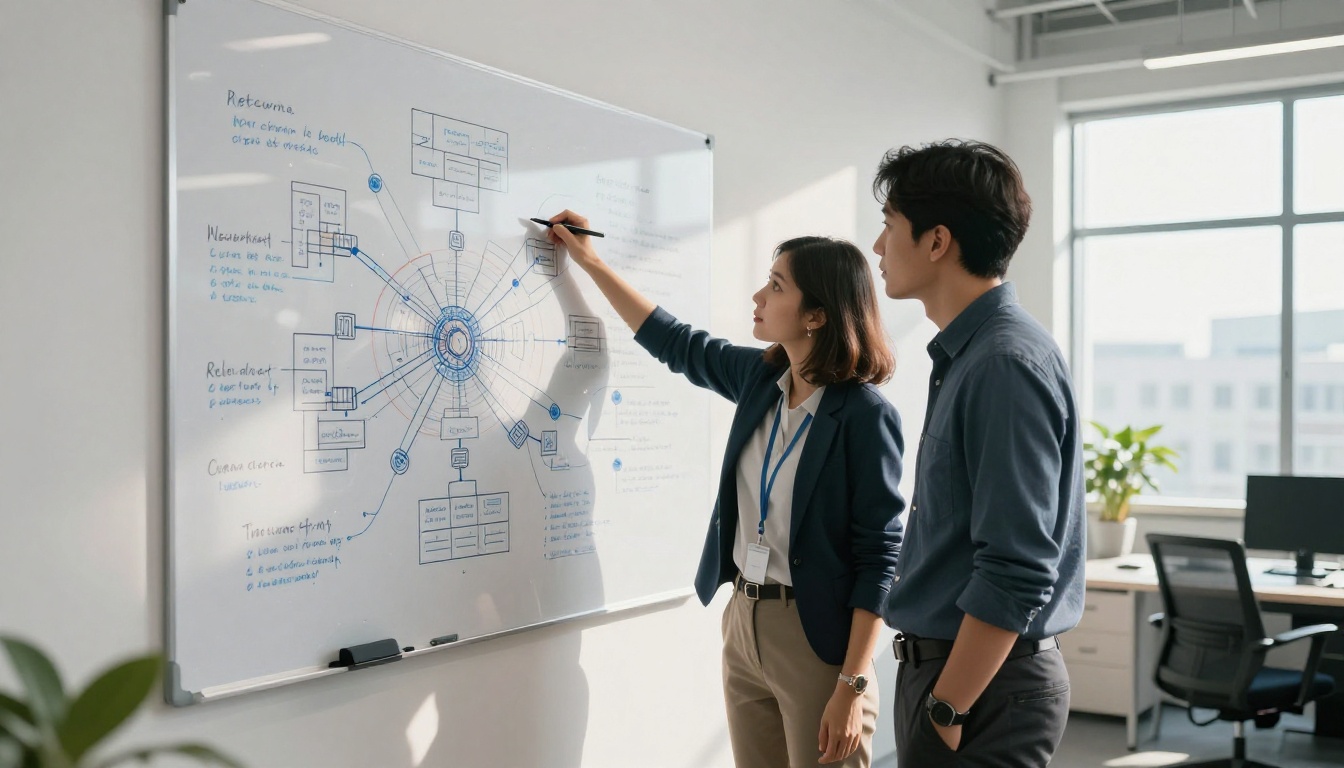 AI researchers studying neural architecture diagrams at whiteboard