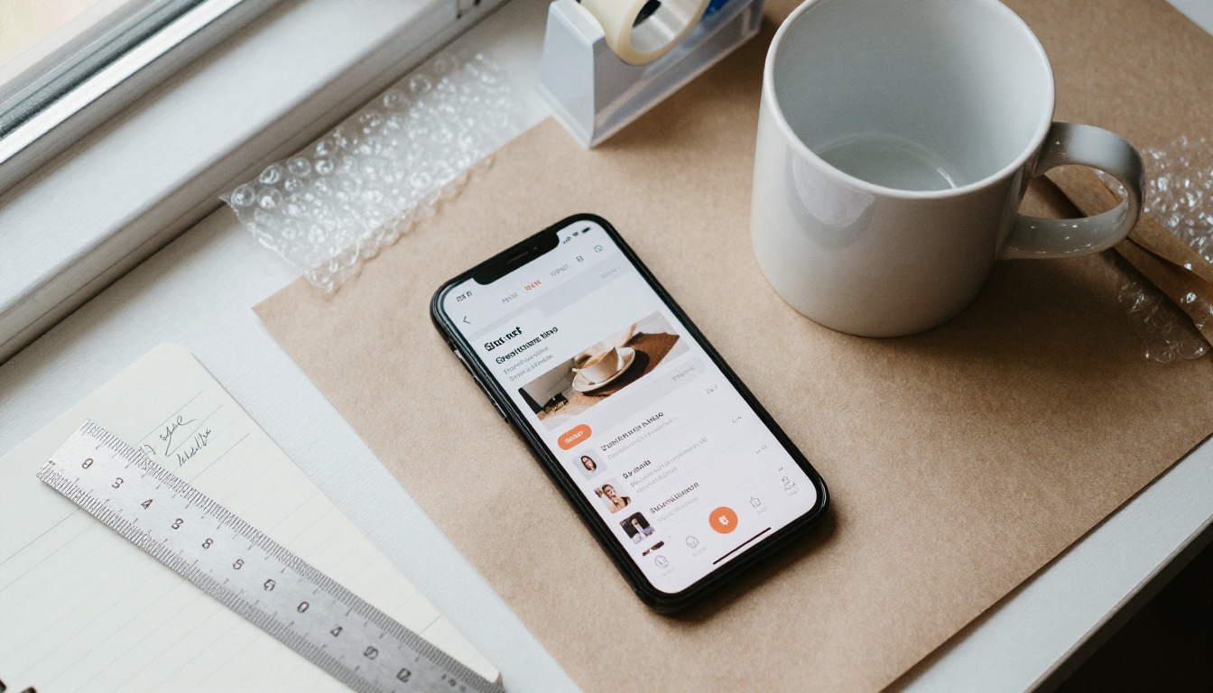 Overhead flat lay of e-commerce workspace with product listing on phone