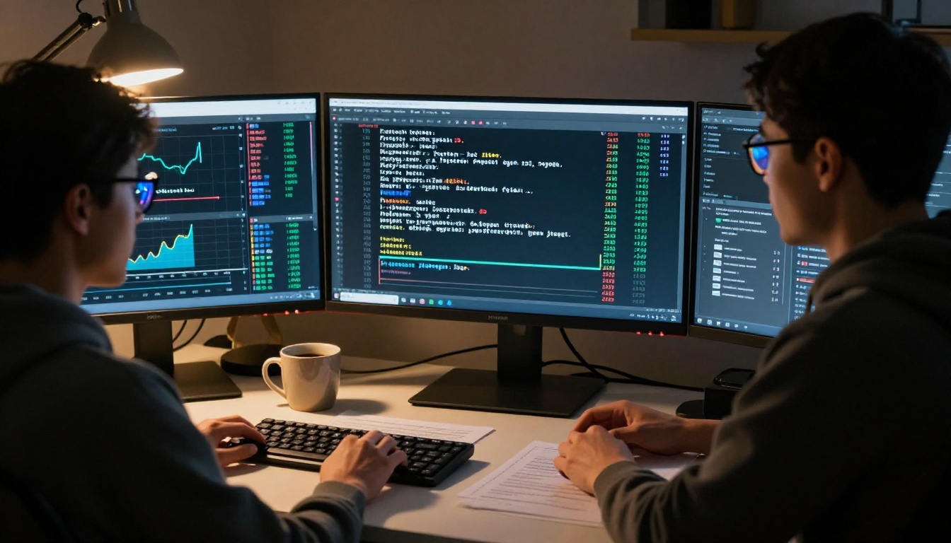 Engineer monitoring FP8 training precision metrics on triple-monitor workstation