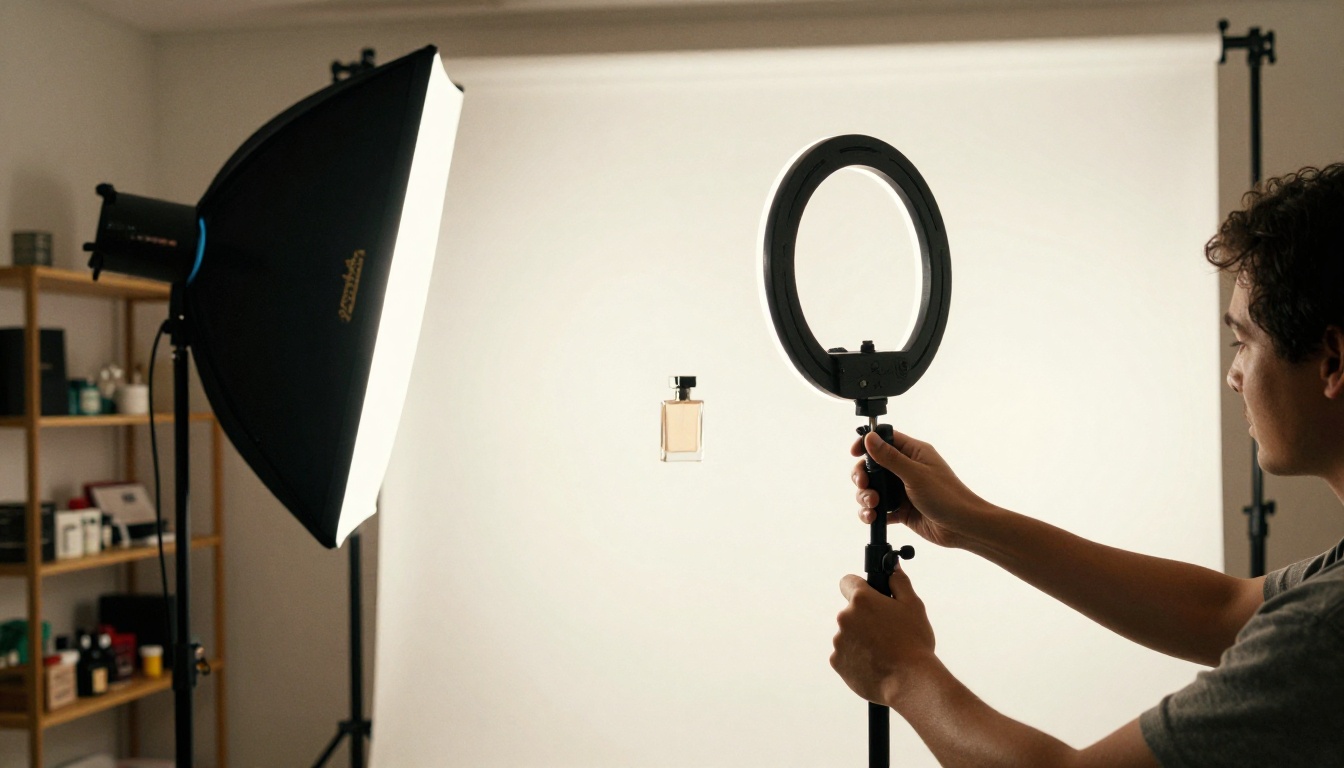 Professional product photographer adjusting studio lighting for perfume bottle shoot