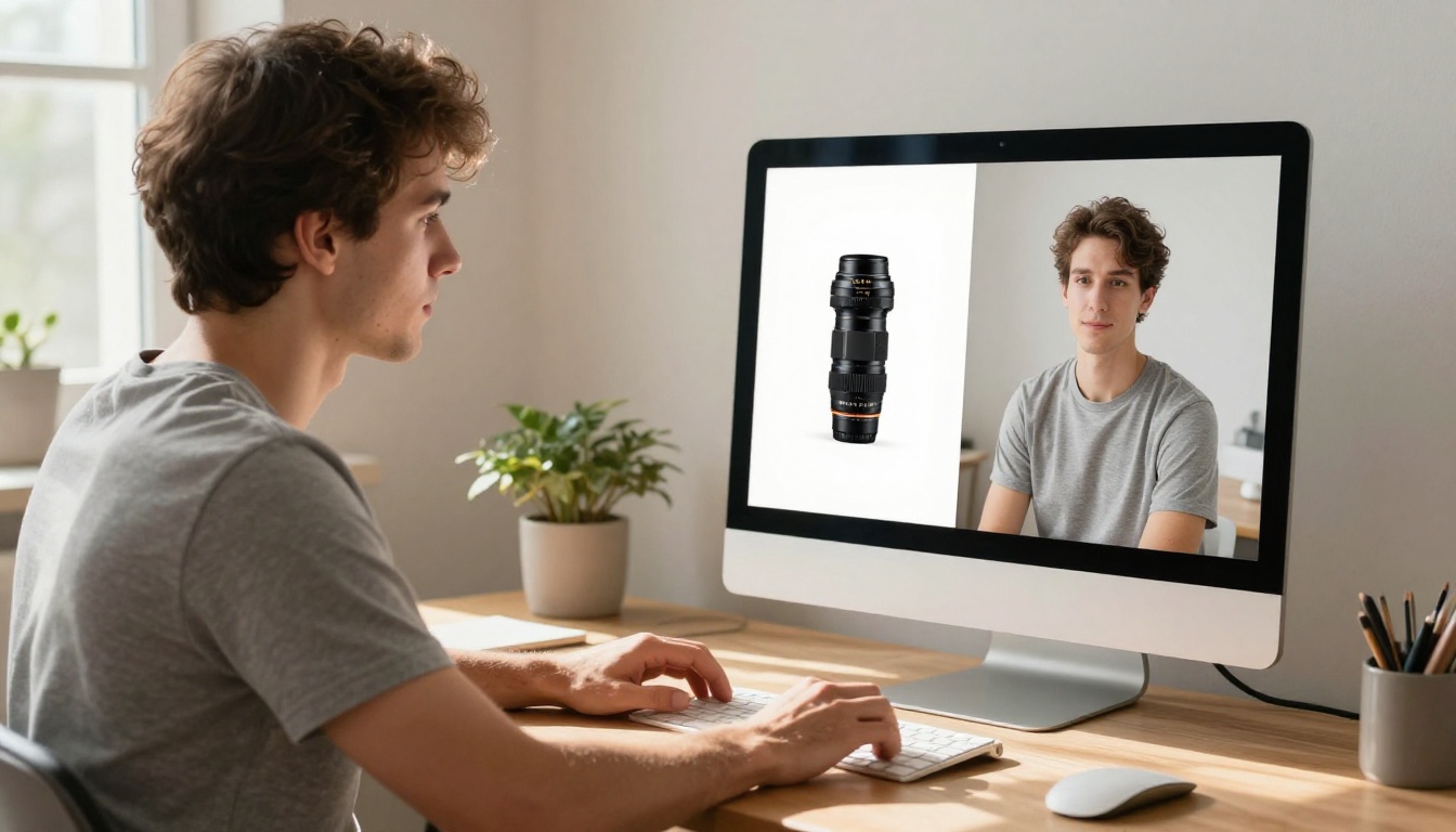 Entrepreneur reviewing before and after background removal on desktop monitor