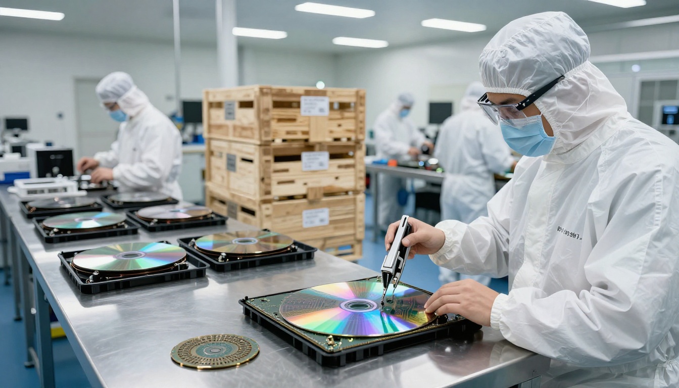 Semiconductor logistics facility with cleanroom technicians handling silicon wafers Semiconductor logistics facility with cleanroom technicians handling silicon wafers