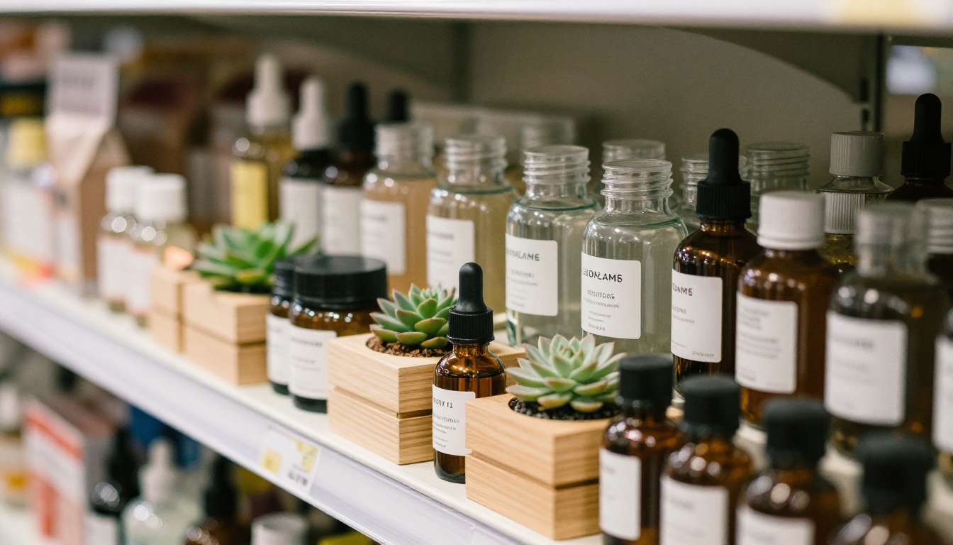 Products arranged on retail shelf with natural daylight highlighting texture and labels