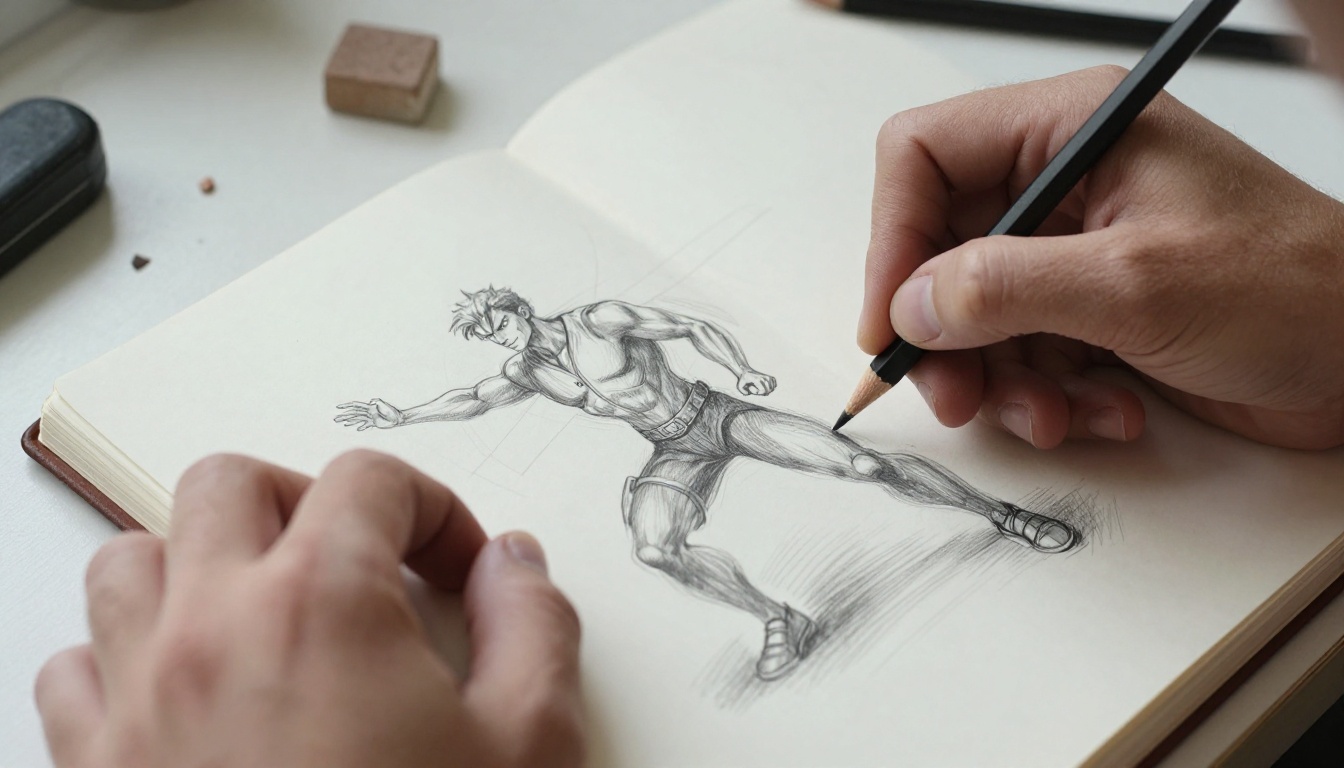 An illustrator's hands sketching character poses in a worn leather sketchbook, close-up aerial view