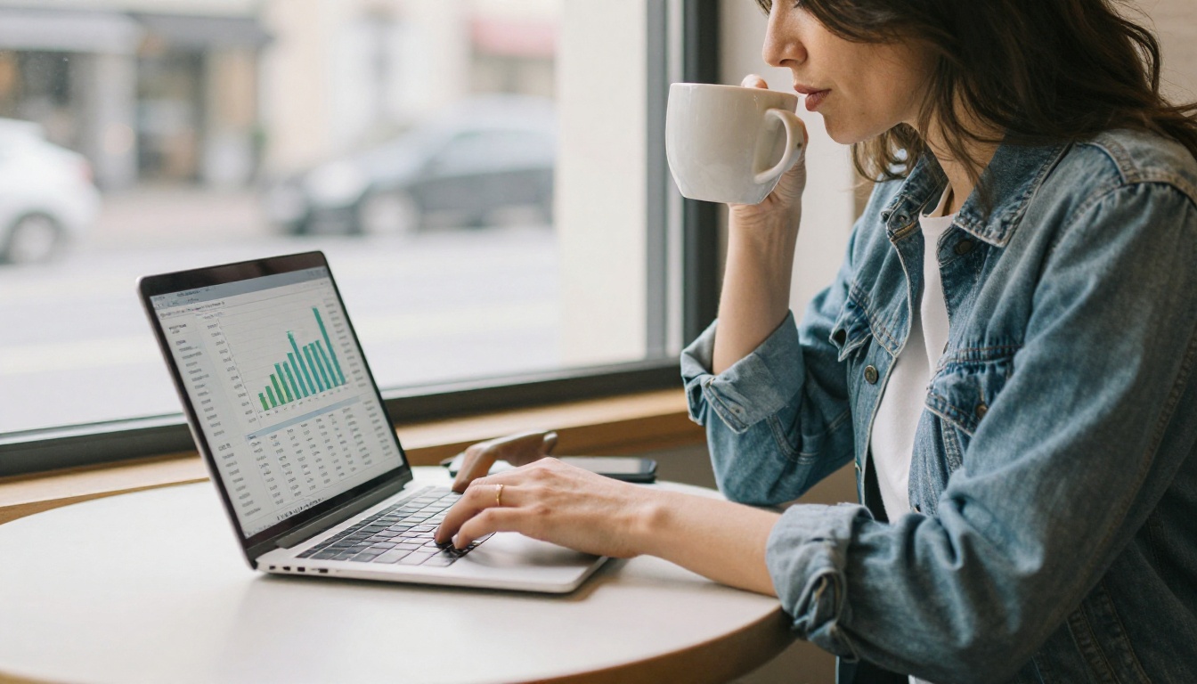Woman reviewing sales analytics on laptop in a bright cafe with afternoon light Woman reviewing sales analytics on laptop in a bright cafe with afternoon light