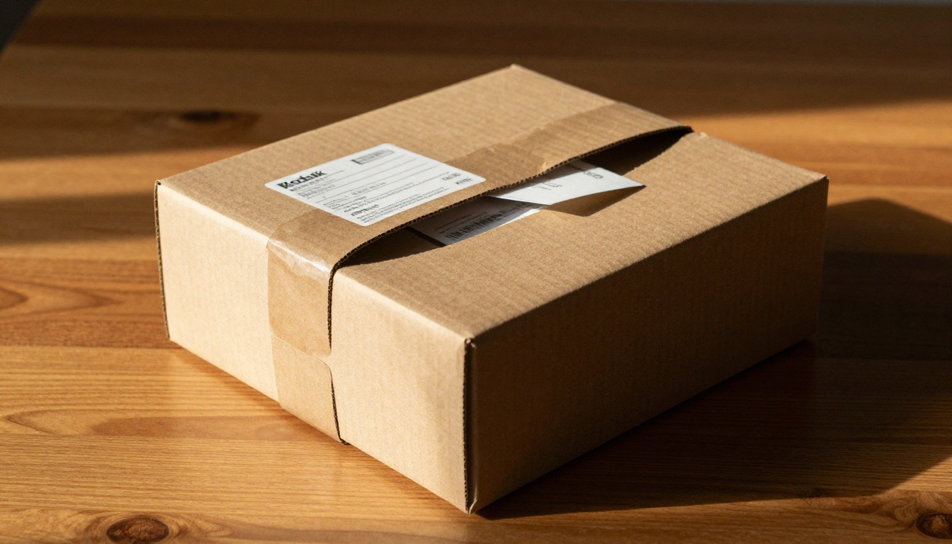 Neatly packaged e-commerce shipment box with kraft packaging and printed shipping label on wooden table Neatly packaged e-commerce shipment box with kraft packaging and printed shipping label on wooden table