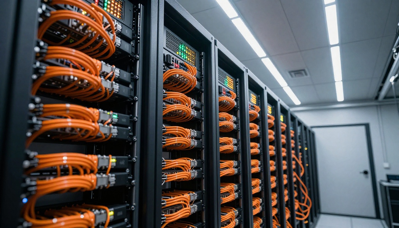 Server rack column with organized fiber-optic cable runs photographed from below Server rack column with organized fiber-optic cable runs photographed from below