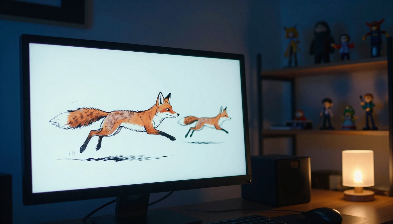 A split-screen monitor showing a static fox illustration on the left and the animated motion version on the right