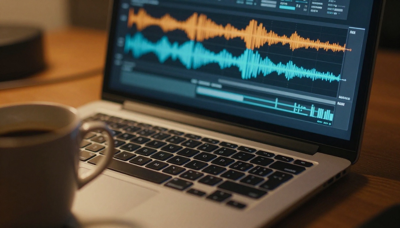 Audio waveform frequency spectrum displayed on a laptop screen in a dim recording studio Audio waveform frequency spectrum displayed on a laptop screen in a dim recording studio