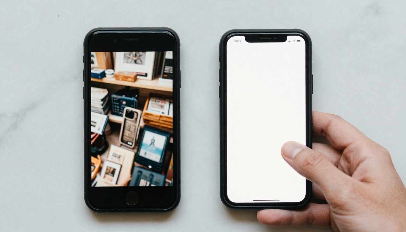 Split-screen before and after of background removal shown on two smartphones on marble surface Split-screen before and after of background removal shown on two smartphones on marble surface